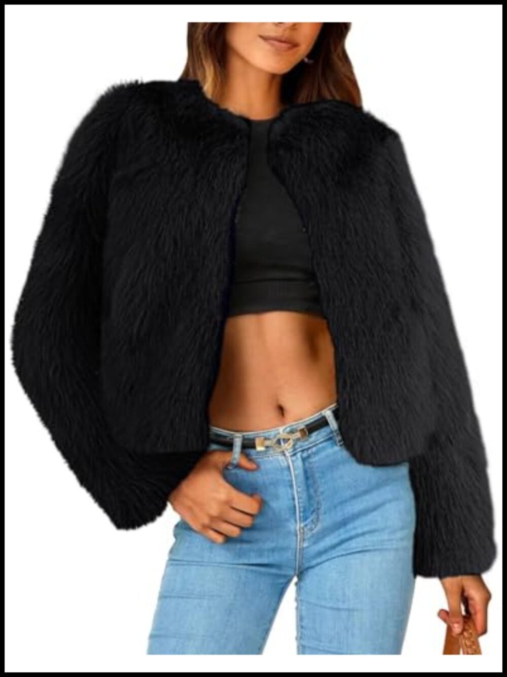 Simplee Women's Faux Fur Cropped Coat Furry Warm Open Front Jacket